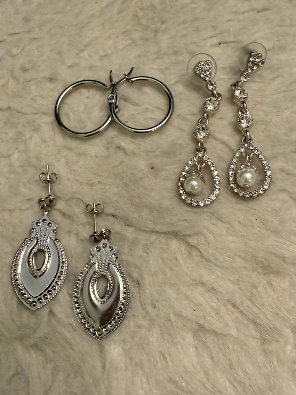 3 Pairs of Silver Hoop and Drop Earrings